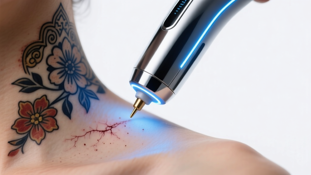 Macro shot of a laser tattoo removal device hovering over a faded ornamental neck tattoo with clinical blue lighting.