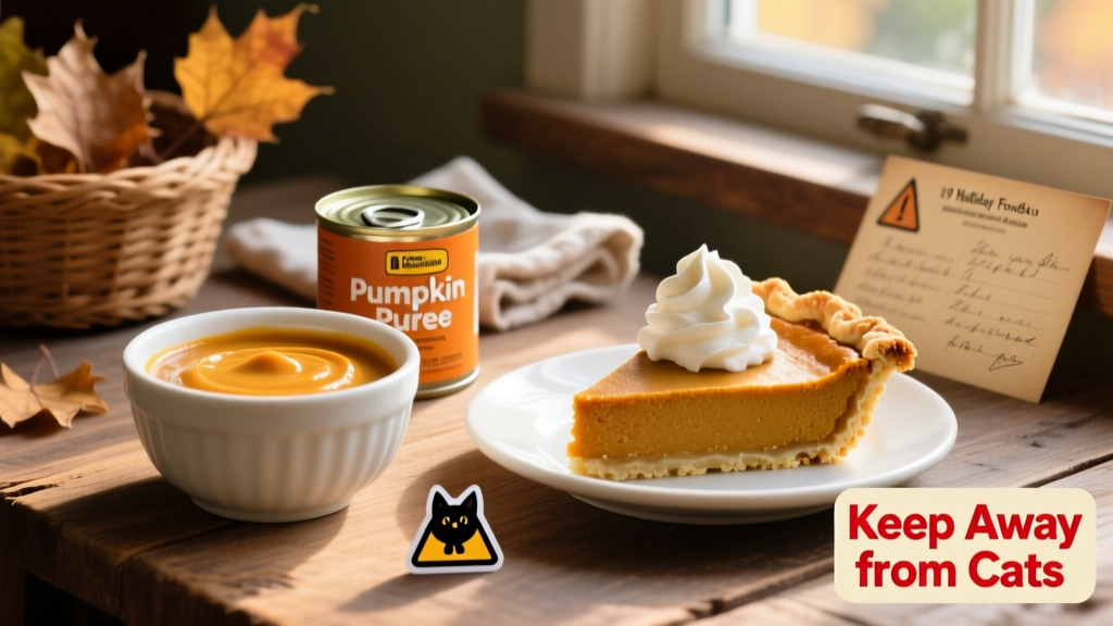 Side-by-side comparison: a bowl of plain canned pumpkin puree next to a slice of pumpkin pie with whipped cream
