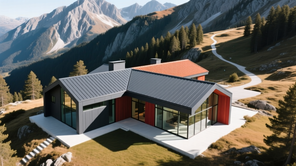 Aerial view of a luxury home with a dark grey standing seam metal roof and terracotta clay tile against a mountainous landscape