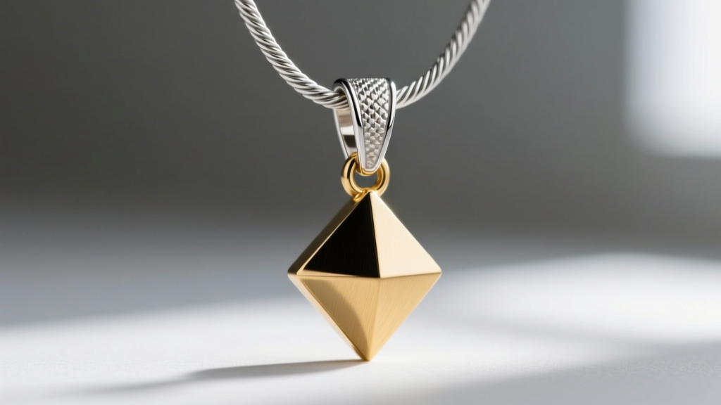 Macro photography of a 1.2mm sterling silver cable chain clasp and soldered bail connecting to a geometric brass pendant drop