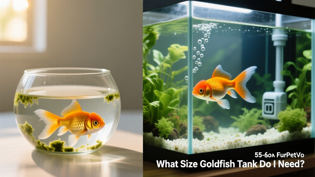 Side-by-side comparison: a cramped goldfish in a small bowl versus the same fish species thriving in a spacious, planted 55-gallon FurPetVo aquarium with visible filtration and clean substrate