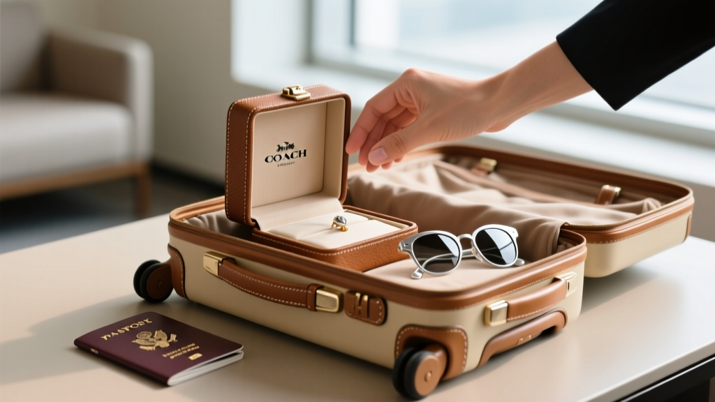 Hand placing a Signature canvas Coach jewelry box into a beige carry-on suitcase next to a passport and silver sunglasses.