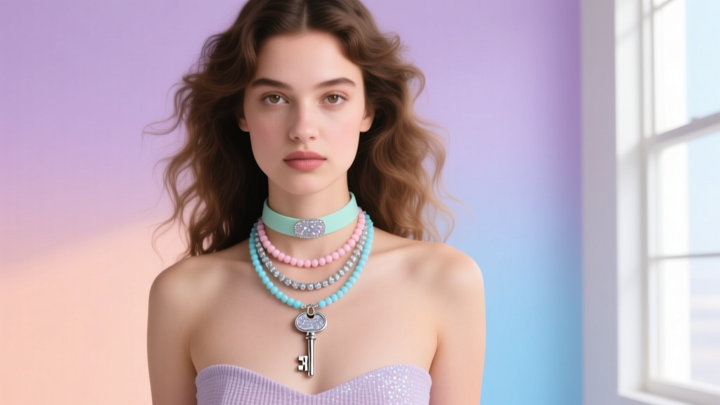 Model wearing a layered Y2K key necklace and beaded choker against a pastel background, showcasing nostalgic pop culture fashion.