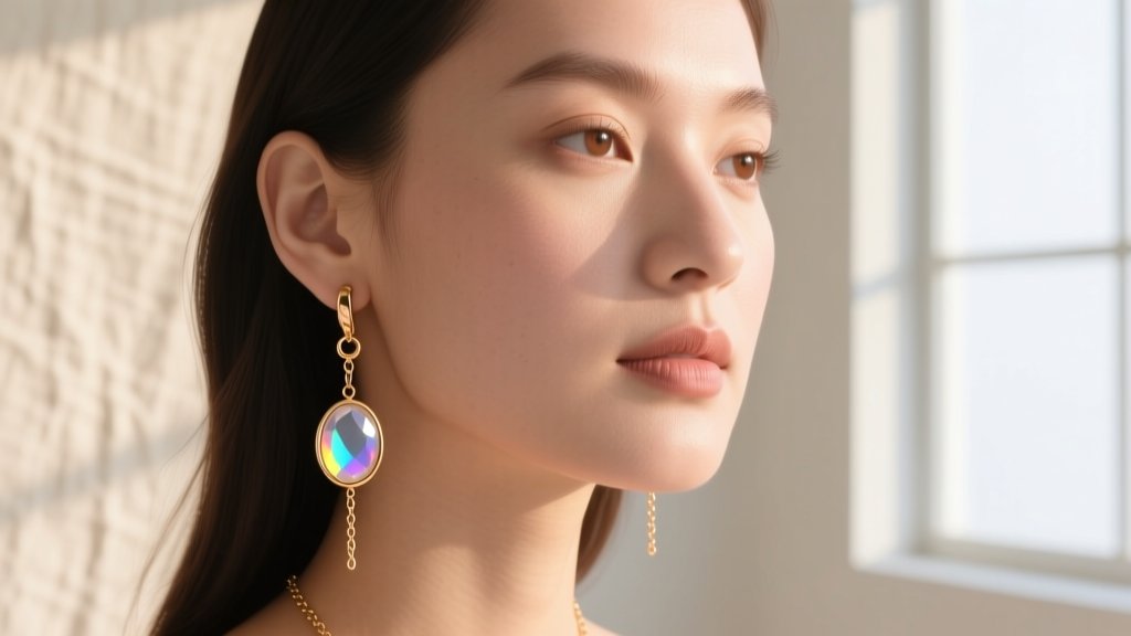 Woman with a round face wearing elongated 14k rose gold and rainbow moonstone dangle earrings against a soft neutral background
