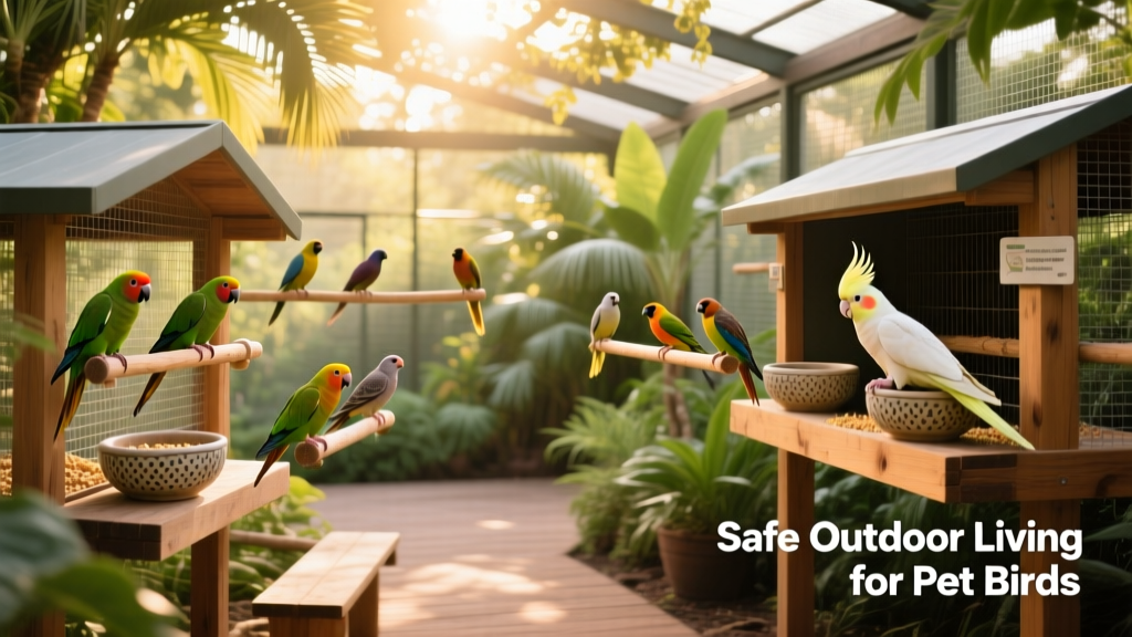 A spacious, well-constructed outdoor aviary with perches, greenery, and sheltered feeding stations