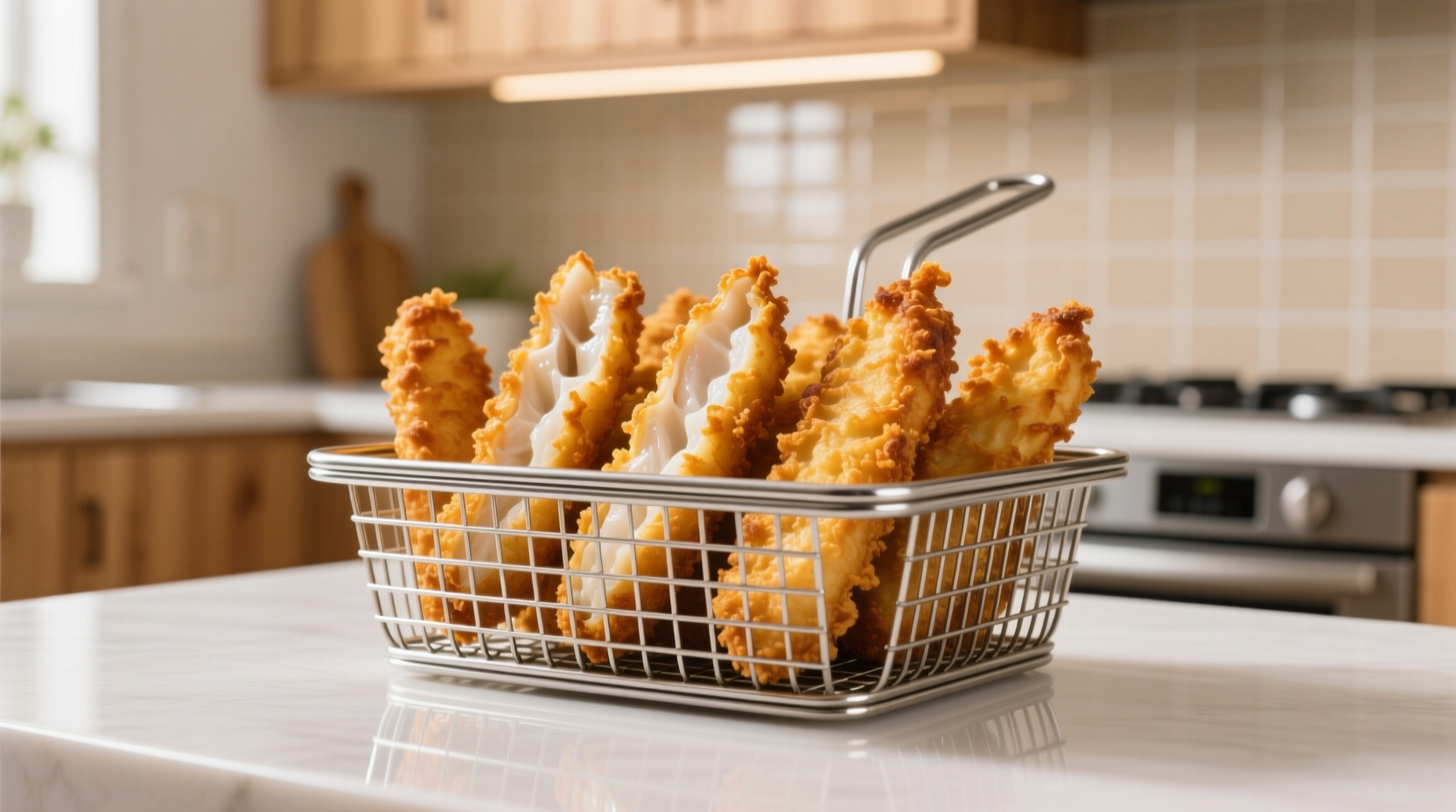 Golden brown fish sticks in air fryer basket