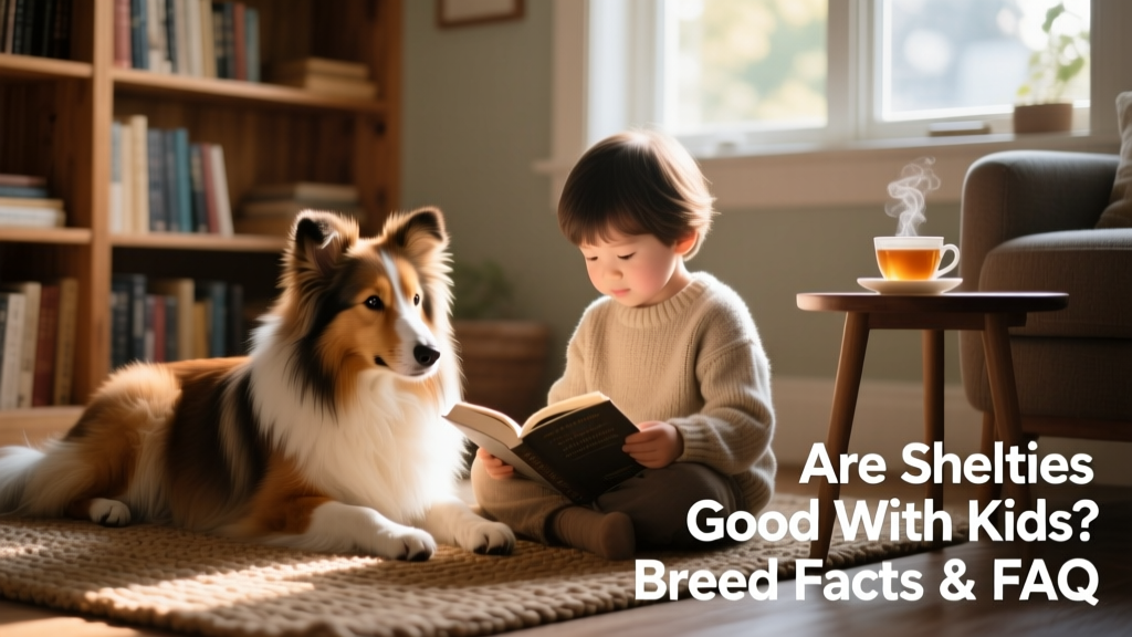 A calm Shetland Sheepdog sitting beside a child reading a book, both relaxed and focused