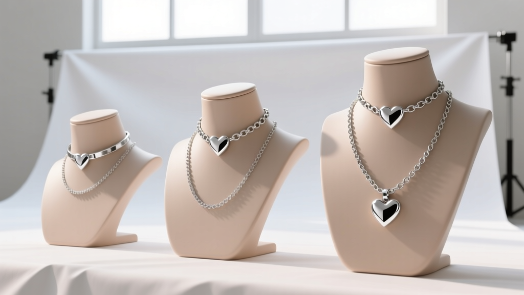 Three mannequin necks displaying 14-inch, 15-inch, and 16-inch silver necklace heart chokers to demonstrate varying fit and drape.