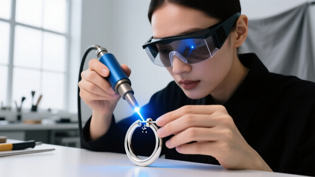 Jeweler using a blue laser welder to fix a snapped 14k white gold huggie hinge while wearing dark protective safety goggles