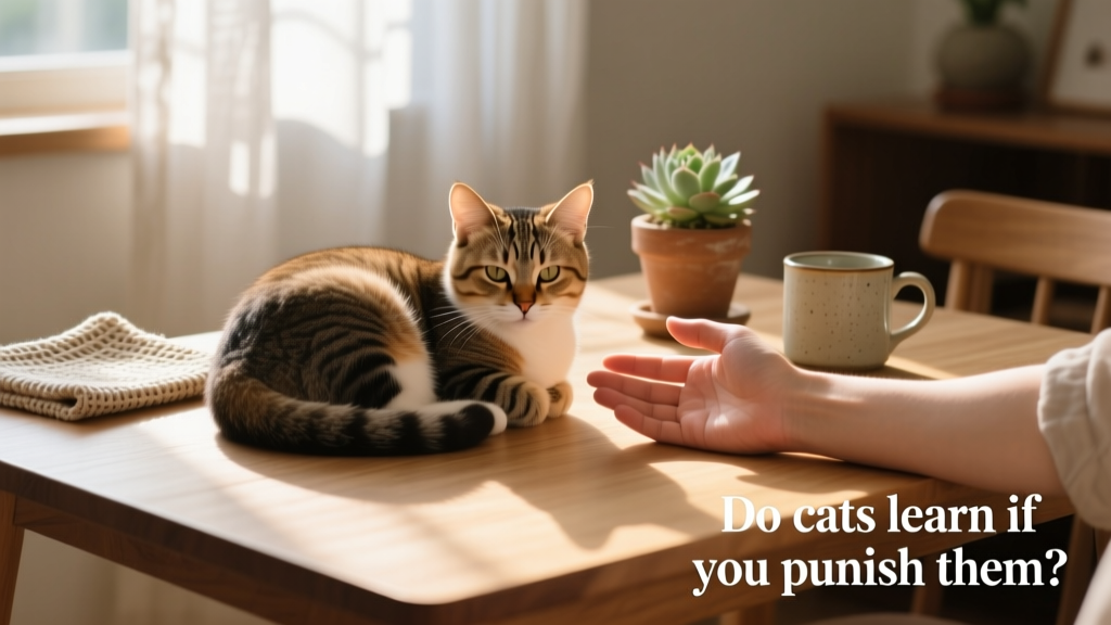 A happy, relaxed cat curled up beside a human hand resting gently nearby