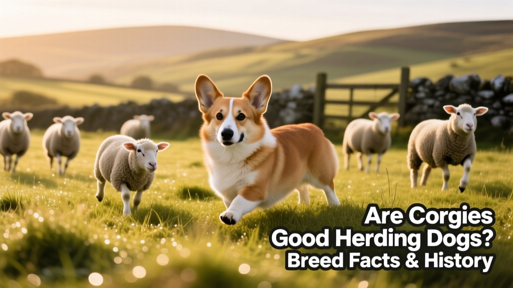 A Pembroke Welsh Corgi confidently herding a small flock of sheep in a grassy field