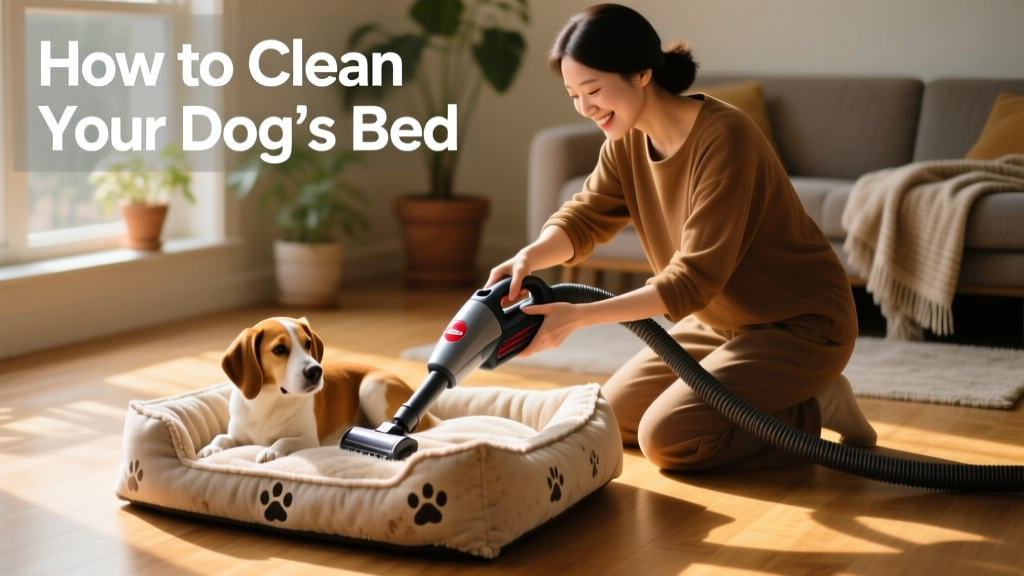 Person using a handheld vacuum to clean a plush dog bed on the floor