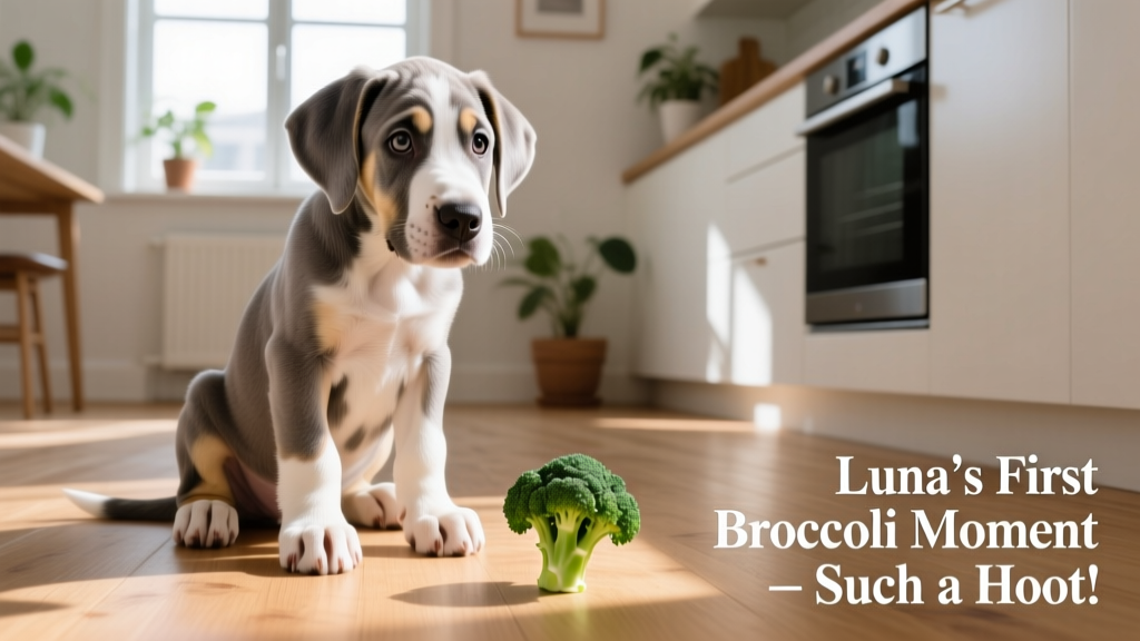 Luna, a fluffy Great Dane puppy, sitting upright and staring skeptically at a small piece of raw broccoli on the floor