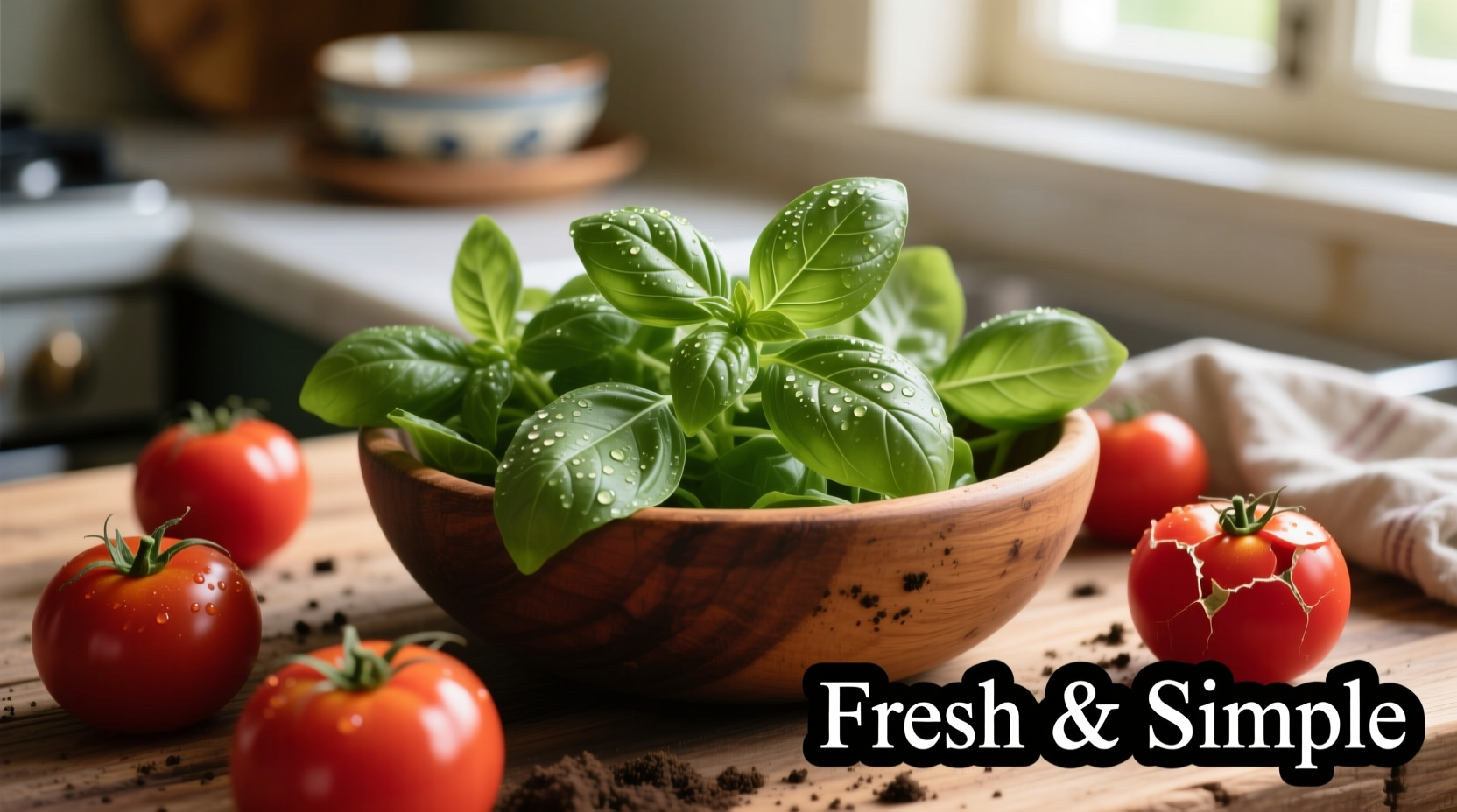 Fresh basil leaves in wooden bowl with tomatoes