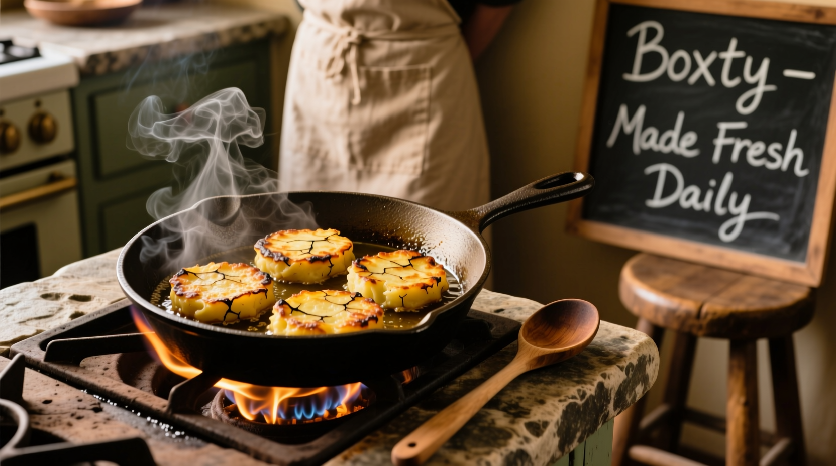 Traditional Irish boxty potato cakes sizzling in cast iron skillet