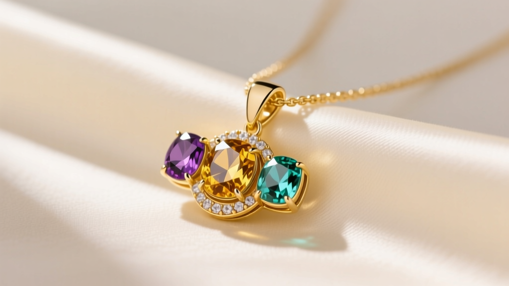 Elegant 14k yellow gold multi-gemstone pendant necklace with three bezel-set birthstones resting on soft cream silk fabric