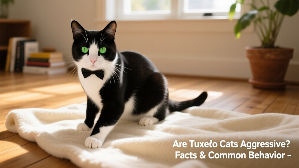A relaxed tuxedo cat kneading a soft blanket while making gentle eye contact