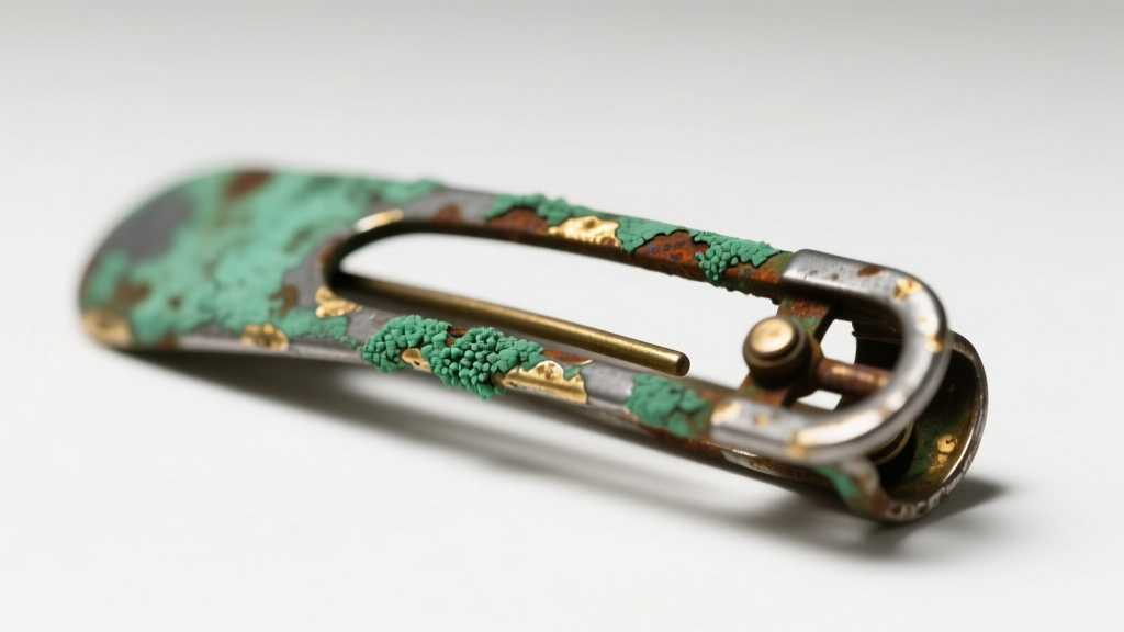 Macro shot of a tarnished 1940s pot metal dress clip showing green verdigris corrosion near the rusted steel pin stem mechanism