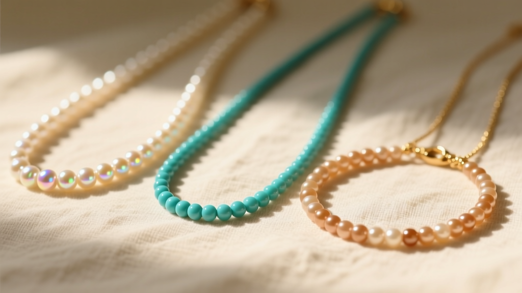 Three seed bead necklaces on linen: a 15/0 pearl strand, an 8/0 turquoise strand, and an 11/0 Delica choker in soft warm light.