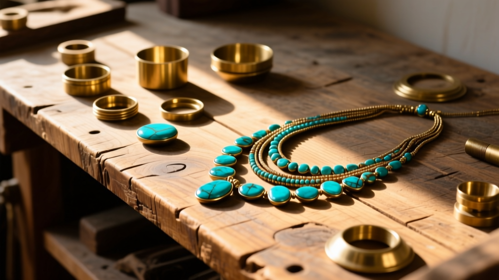Rustic wood workbench with raw brass, polished turquoise cabochons, and layered bohemian necklaces under warm sunlight.