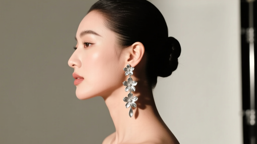 Side profile of woman with sleek low chignon updo showcasing long silver floral dangle earrings brushing against her collarbone