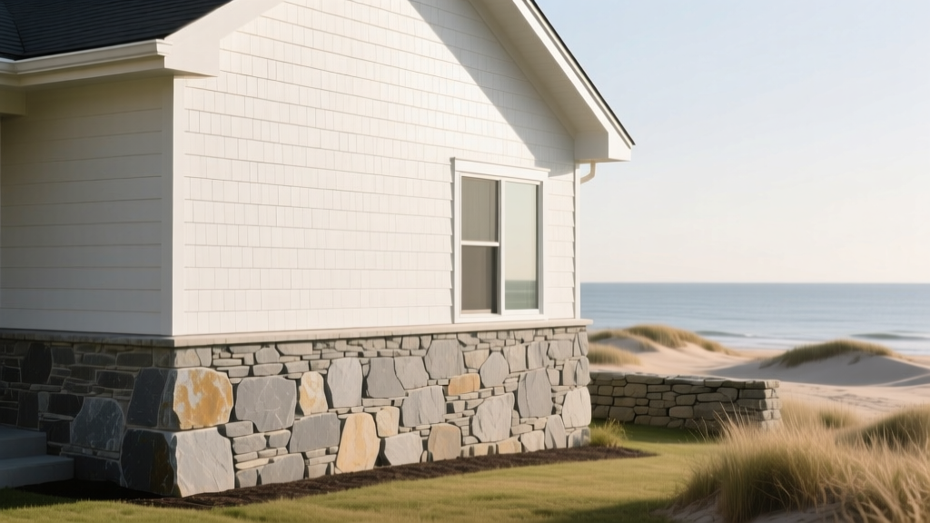 Modern New Jersey shoreline home exterior featuring weathered gray thin veneer stone wainscoting contrasting with white cedar shake siding