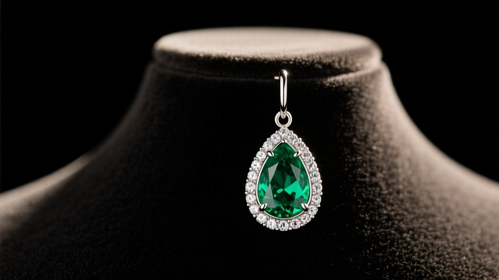 Silver drop earring with a pear-shaped emerald and diamond halo, resting on a dark velvet jewelry bust under warm, soft lighting.