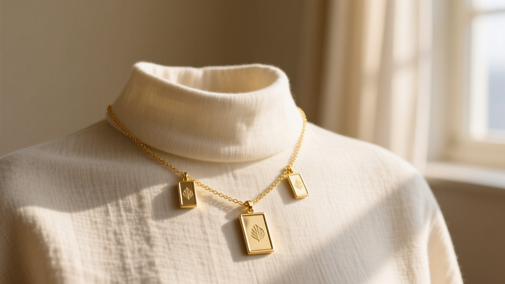 Gold scapular necklace on a linen collar, showing small rectangular front and back pendants bathed in soft morning window light.