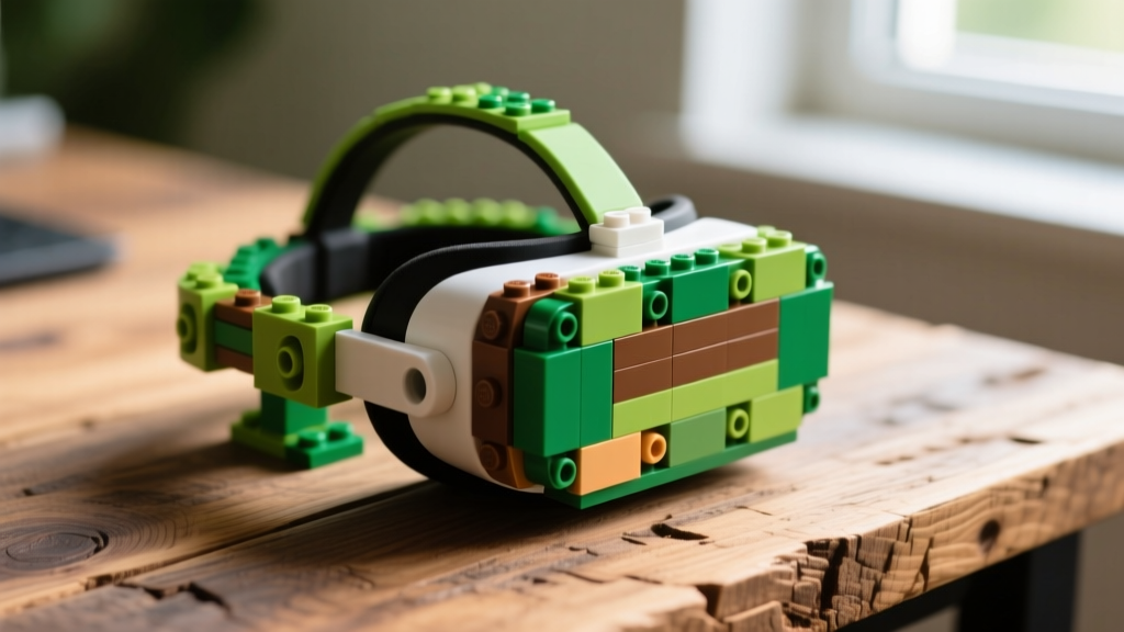 A close-up of a modular VR headset mount constructed from green and earth-toned sustainable Lego bricks on a reclaimed wood desk.
