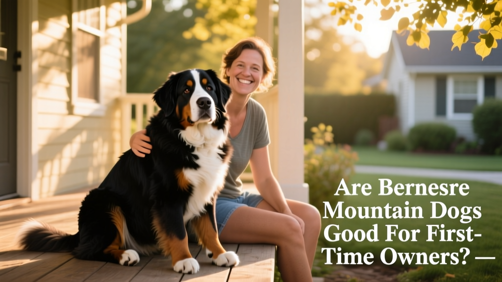 A relaxed Bernese Mountain Dog sitting calmly beside its owner on a sunlit porch