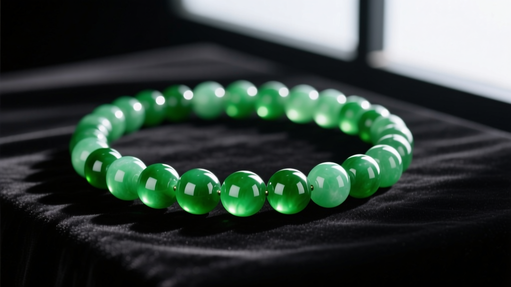 A vivid green jadeite bead necklace on dark velvet, showing deep translucency and a highly polished, reflective, glassy surface.