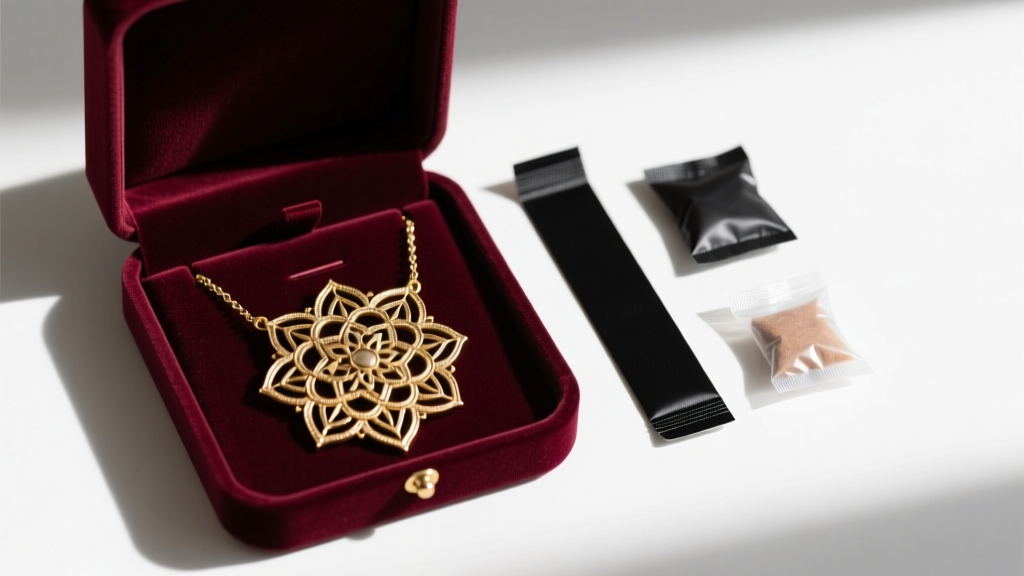 Mandala necklace stored inside a velvet-lined jewelry box alongside a black anti-tarnish strip and small silica gel packets.