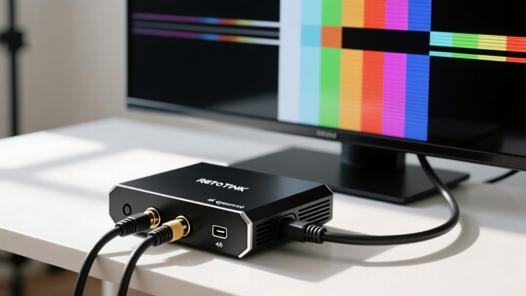 Close-up of a RetroTINK 4K upscaler connected via SCART cables to an OLED display, showcasing scanline configurations.