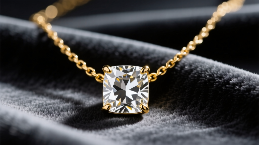 Flat lay of a vintage 1990s JBK gold-plated brass necklace with a large prong-set cubic zirconia pendant on dark velvet