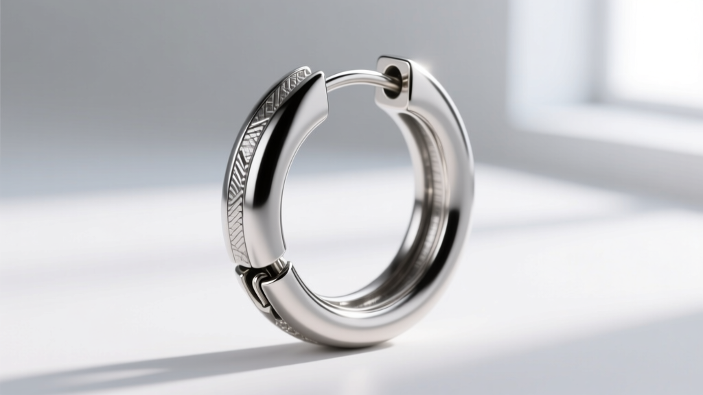 Close-up diagram style photo showing the hinge joint and locking groove of an 18-gauge titanium cartilage hoop earring