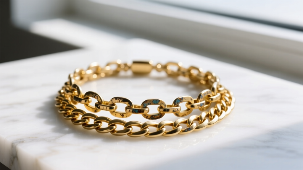 Macro shot of a necklace stack showing a tarnished gold-plated chain beside a bright 14k gold-filled chain on white marble.