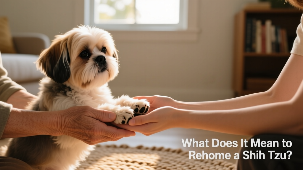 Two hands—one belonging to the current owner, one to a prospective adopter—gently holding a Shih Tzu’s paws during a calm, respectful introduction