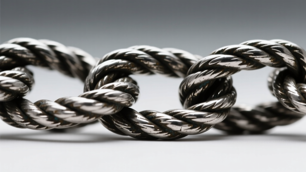 Macro shot of an oxidized sterling silver heavy rope chain, showing dark patina in the crevices of the interlocking metal links.