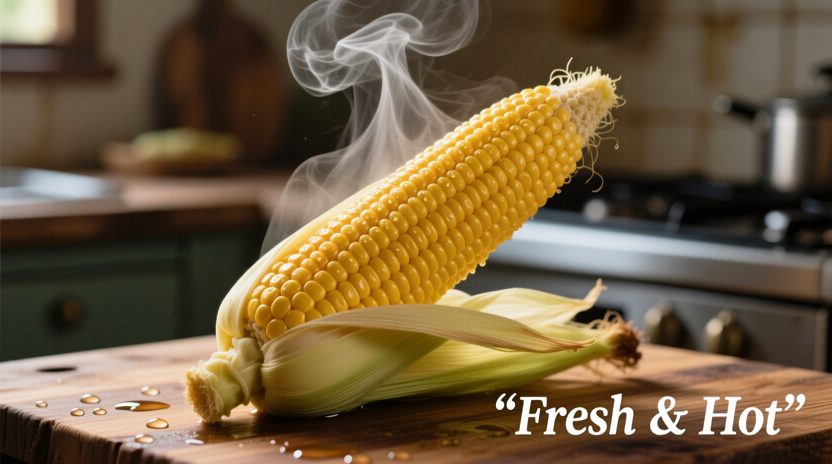 Freshly boiled corn on the cob with steam rising
