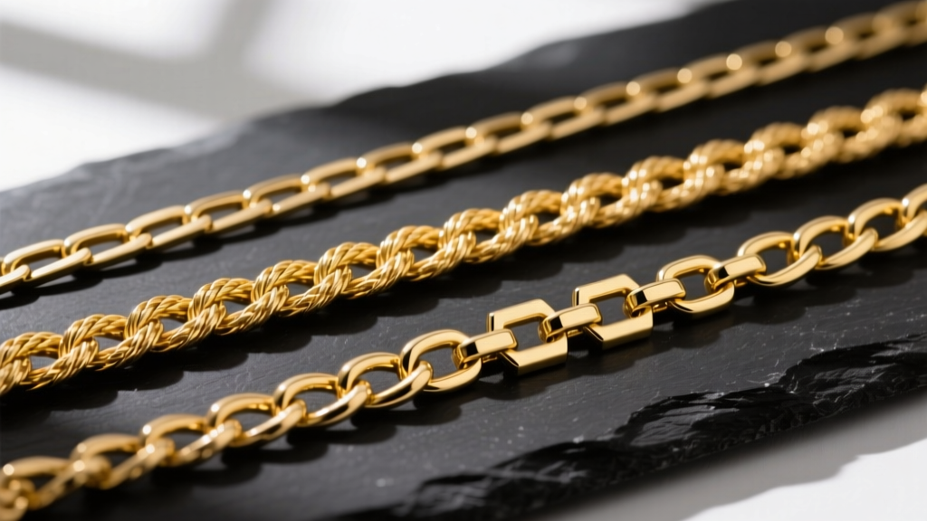 Macro shot comparing three gold chain styles: a flat curb, a twisted rope, and a figaro, laid out flat on dark slate.