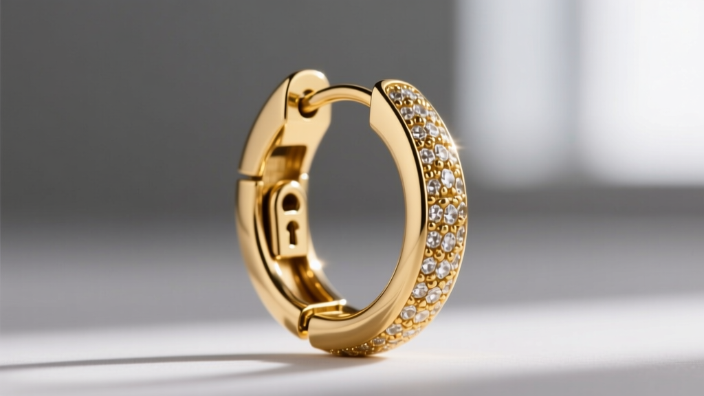 Side view of 18-gauge gold pave hoop with hinged clasp open, revealing the lock mechanism against a softly blurred gray background.