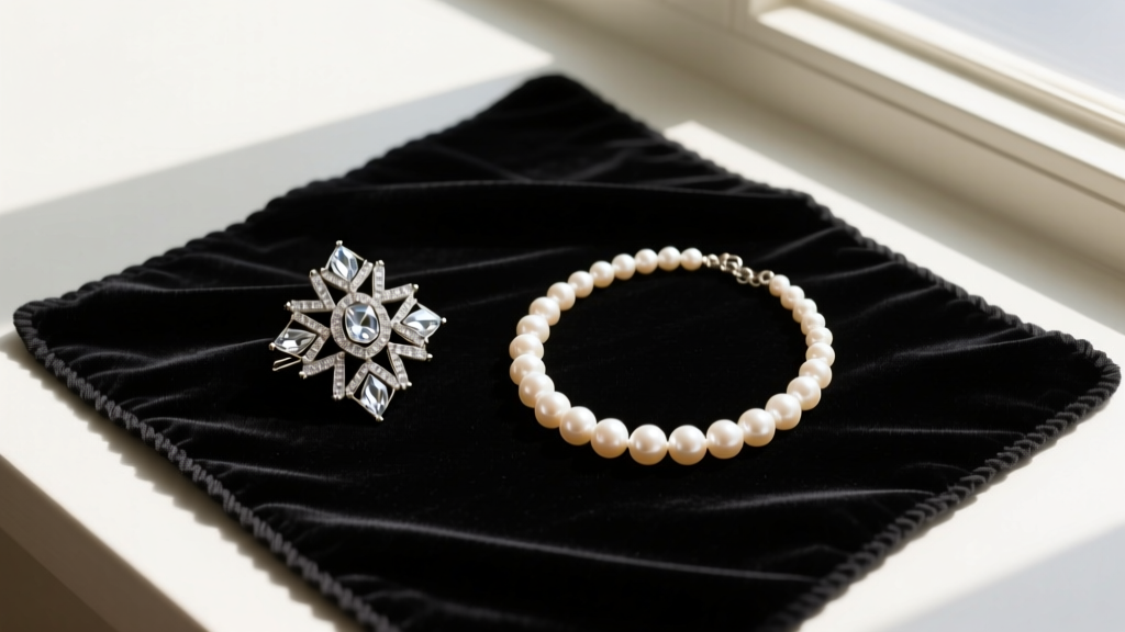 Overhead flat-lay of 1950s mid century jewelry including a rhinestone brooch and pearl necklace on a dark velvet cleaning mat