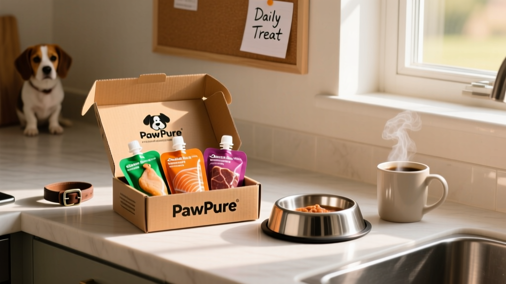A tidy kitchen counter with a branded dog food subscription box, open to reveal fresh-looking wet food pouches and a reusable bowl