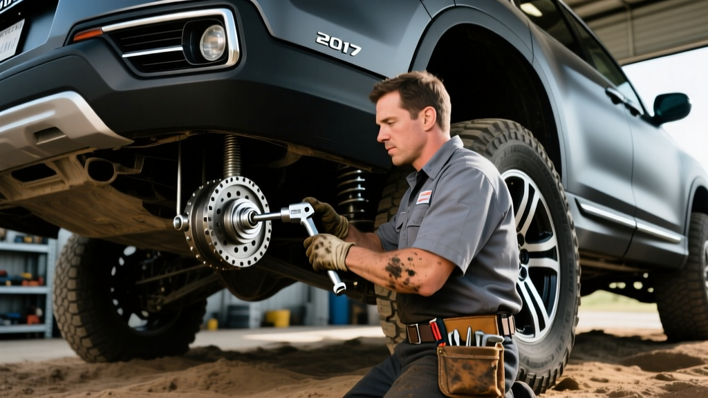 Mechanic torquing the rear differential fill bolt to 29 lb-ft on a lifted 2017 Honda Pilot SUV