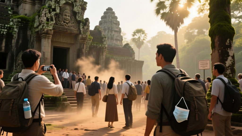 A crowd of tourists entering Angkor Wat in Cambodia
