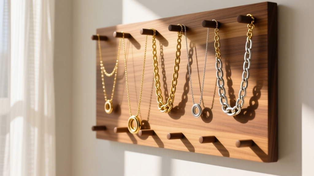 Wall-mounted wooden jewelry pegboard displaying gold and silver chain necklaces hanging individually in a bright, sunlit room