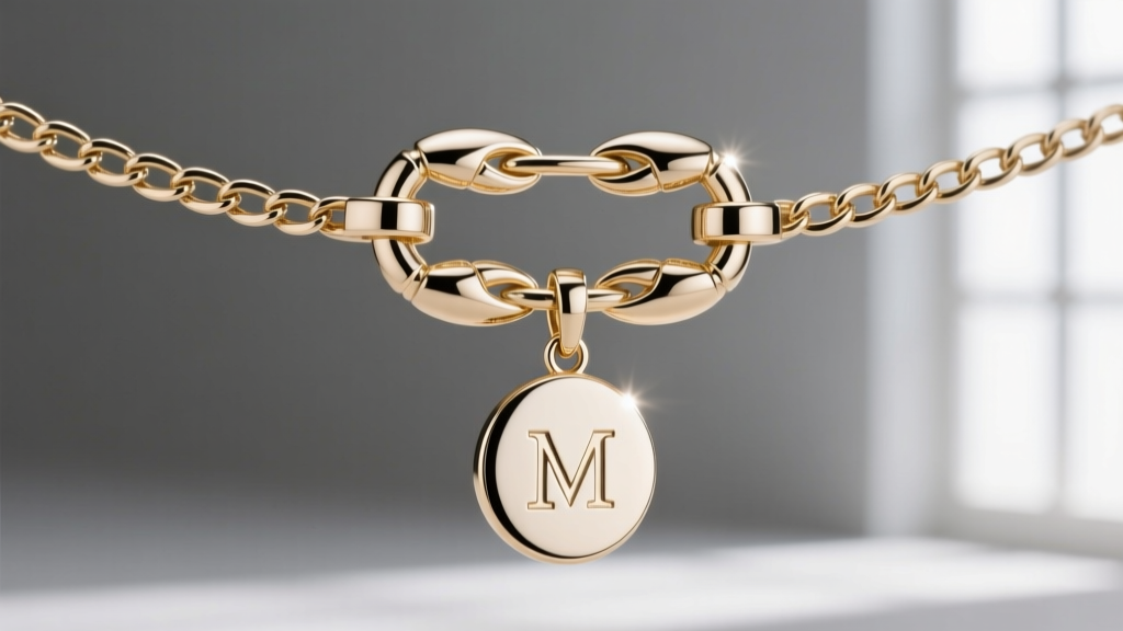 Extreme close-up of a cast 14k white gold lobster clasp attached to a 1.2mm woven box chain supporting a monogram pendant.