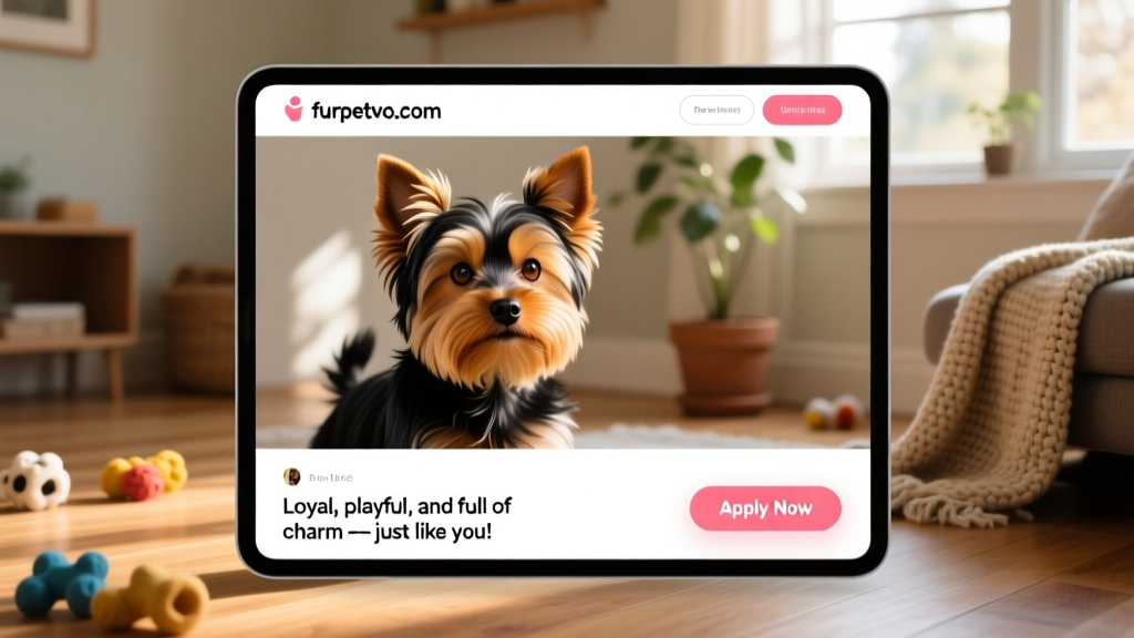 Screenshot-style mockup showing a Yorkie profile page on furpetvo.com with photos, bio, and 'Apply Now' button