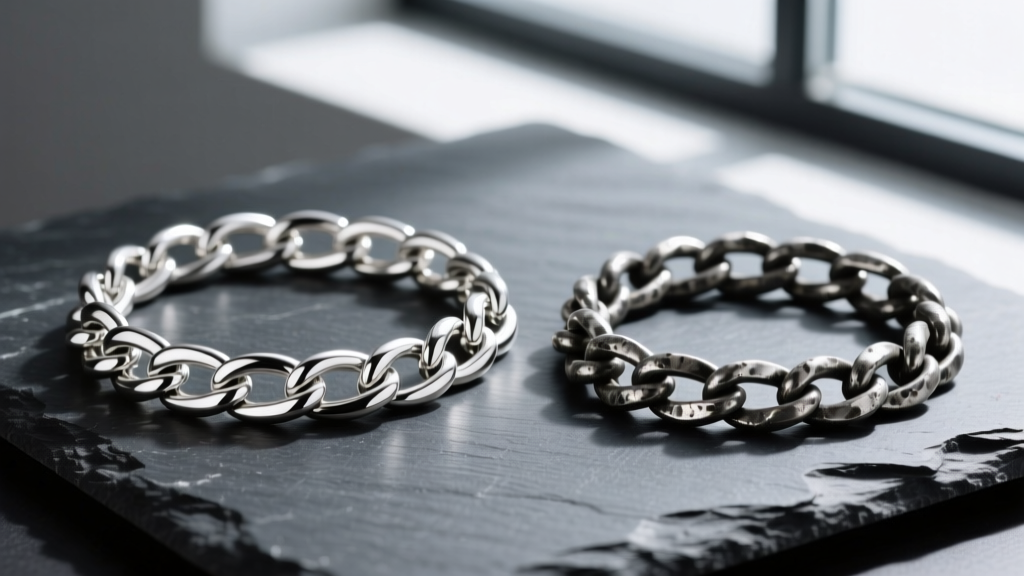 Side-by-side comparison of a polished sterling silver flat curb chain and an oxidized Argentium silver chain on dark slate