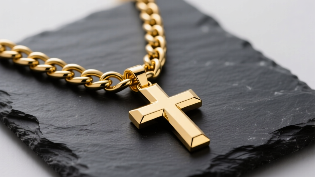 Solid 14k yellow gold chunky cross necklace on dark slate, highlighting polished beveled edges and a thick 5mm Cuban link chain.